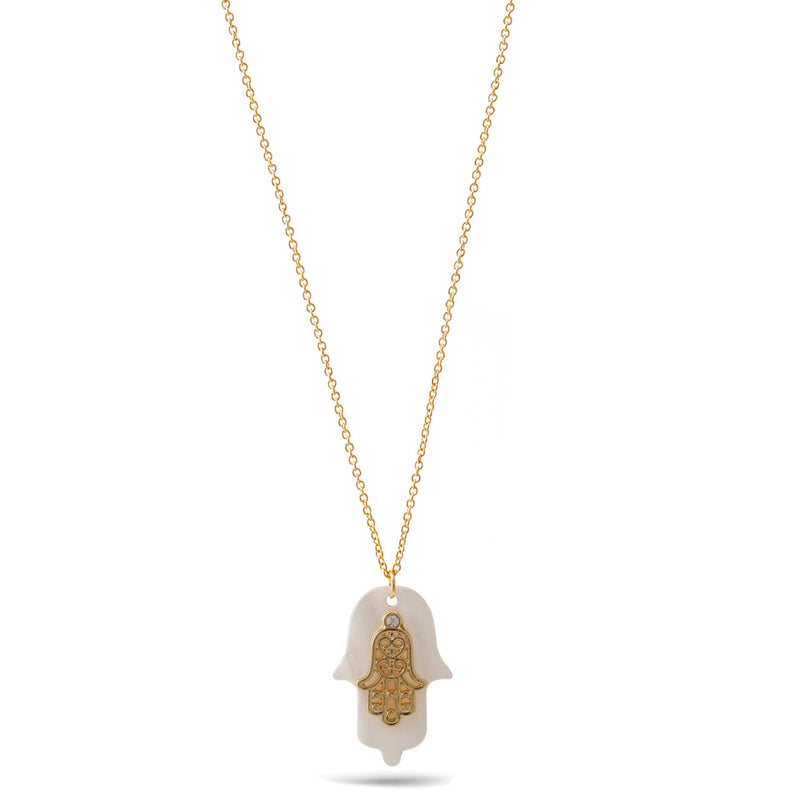 Gold And Mother Of Pearl Hamsa Hand Pendant Adjustable Length Gold Chain Necklace