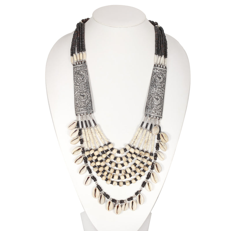 Cream And Brown Beads Cowrie Shell Adjustable Length Silver Statement Indian Necklace