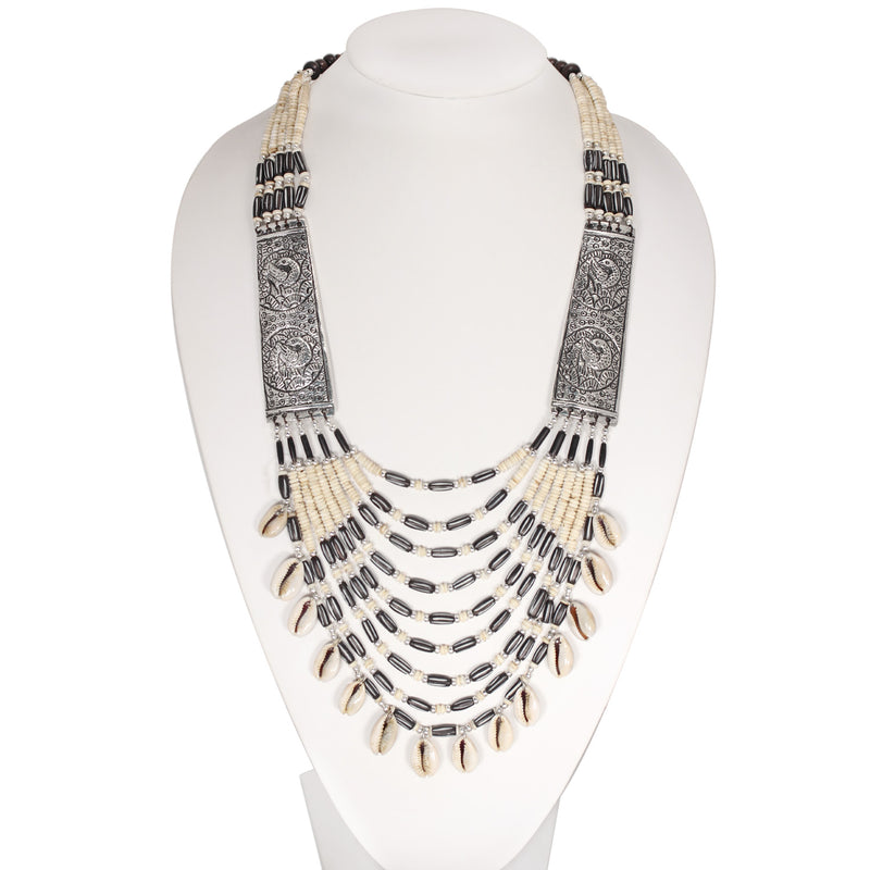 Cream And Brown Beads Cowrie Shell Adjustable Length Silver Statement Indian Necklace