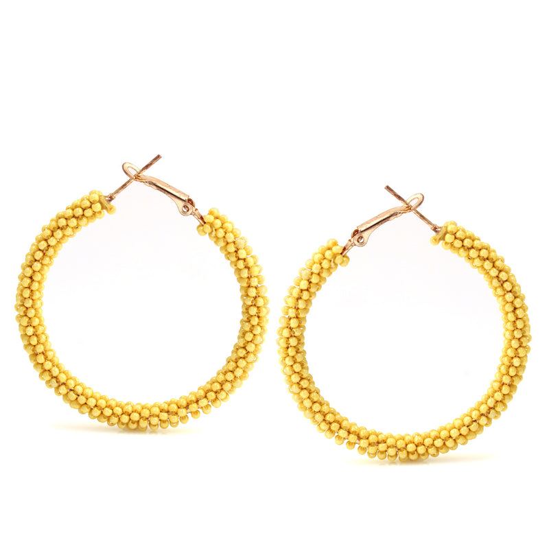 Yellow Seed Bead Wrapped Round Hoop Post Earrings