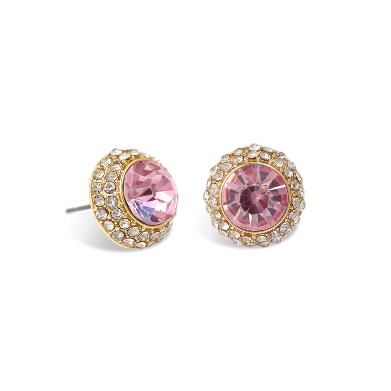 Pink Round Crystal Rhinestone Gold Post Earrings