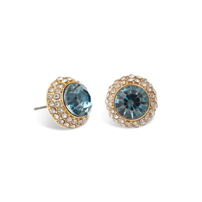 Sapphire Round Crystal Rhinestone Gold Post Earrings