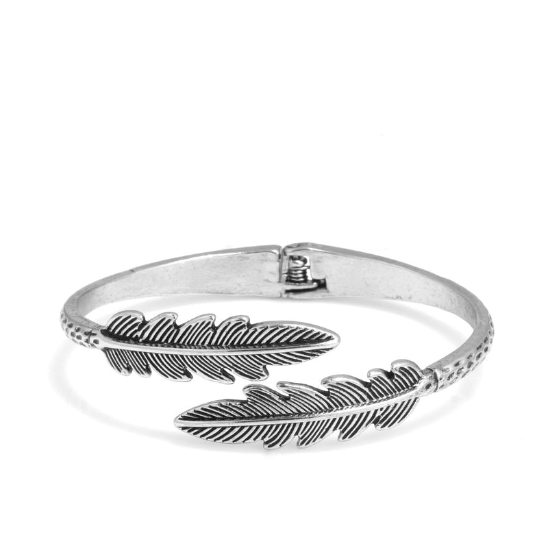 Oxidized Silver Feather Hinged Bracelet