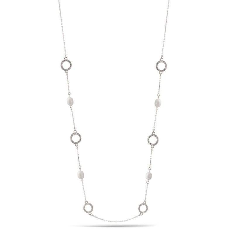 Silver Round Crystal And Cream Pearl Adjustable Length Chain Long Necklace