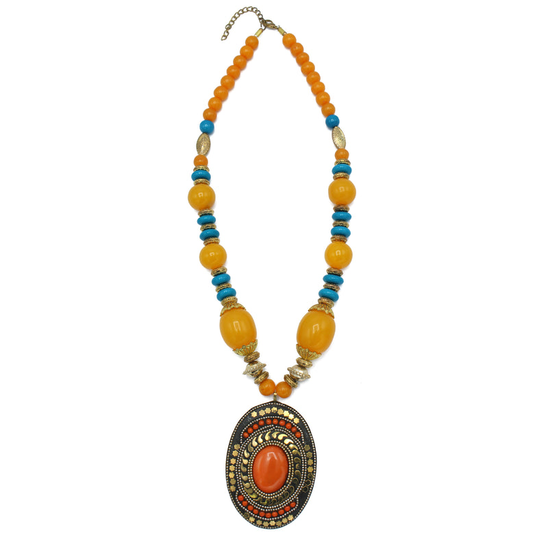 FWNK-1907-16 Gold amber turquoise Statement necklace (IF18)