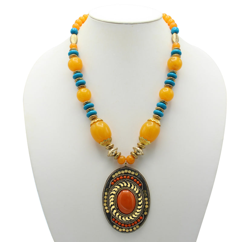FWNK-1907-16 Gold amber turquoise Statement necklace (IF18)