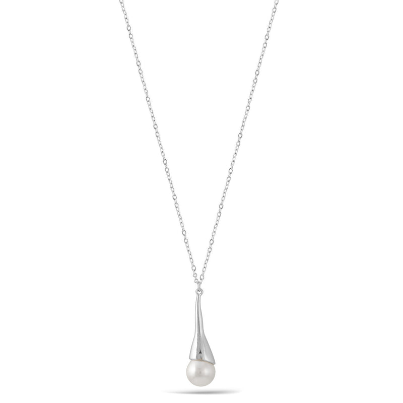 Rhodium Teardrop Cream Pearl Pendant Adjustable Length Chain Necklace