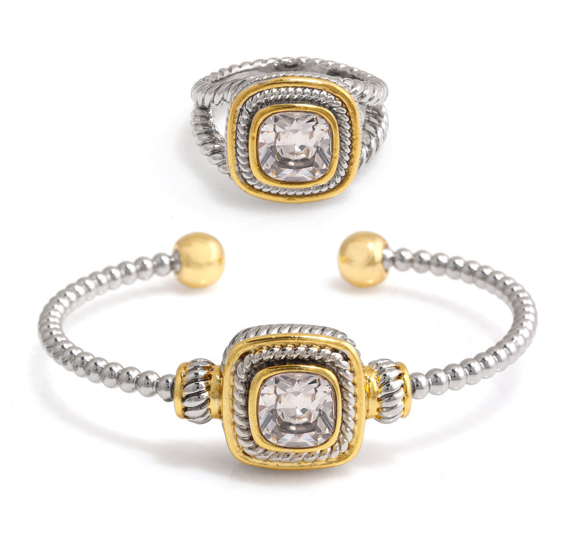 Silver And Gold Bracelet And White Crystal Size 7 Square Ring Set