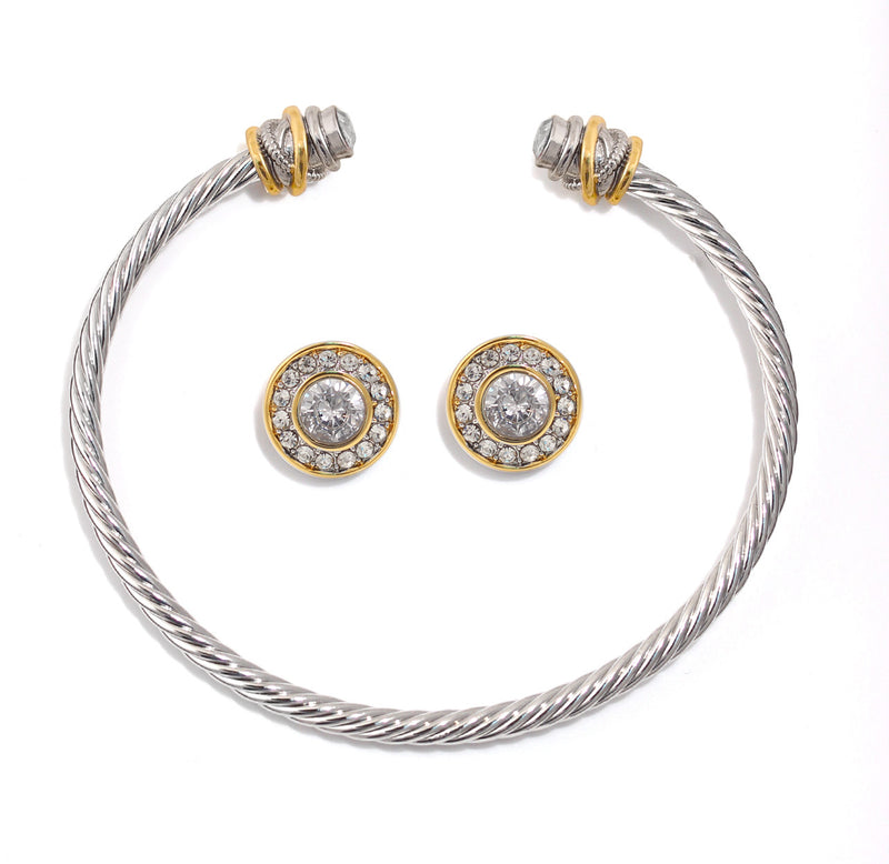 Silver And Gold Cable Cuff Bracelet And White Crystal Earrings Set