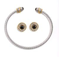 TWO TONE CRYSTAL CABLE CUFF BRACELET AND EARRINGS SET