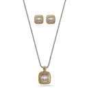 Two Tone White Crystal  0.8" Inch Square Pendant Adjustable Length Chain Necklace And Earrings Set