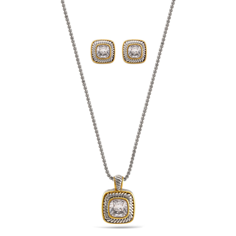 Two Tone White Crystal  0.8" Inch Square Pendant Adjustable Length Chain Necklace And Earrings Set