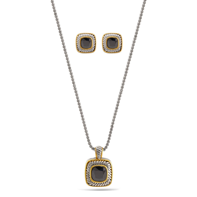 Two Tone Black Crystal  0.8" Inch Square Pendant Adjustable Length Chain Necklace And Earrings Set