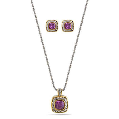 TWO TONE AMETHYST CRYSTAL SQUARE PENDANT NECKLACE AND EARRINGS SET