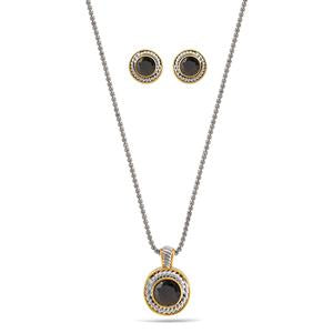TWO TONE CRYSTAL ROUND PENDANT NECKLACE AND EARRINGS SET