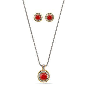 TWO TONE CRYSTAL ROUND PENDANT NECKLACE AND EARRINGS SET