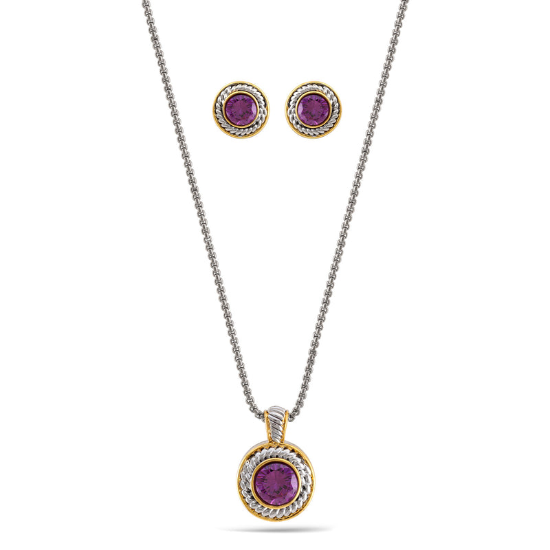 Two Tone Amethyst Crystal  0.8" Inch Round Pendant Adjustable Length Chain Necklace And Earrings Set