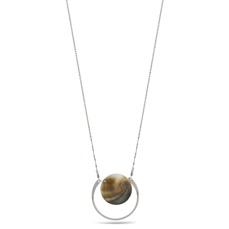 Silver Mother Of Pearl Round Pendant Adjustable Length Chain Long Necklace