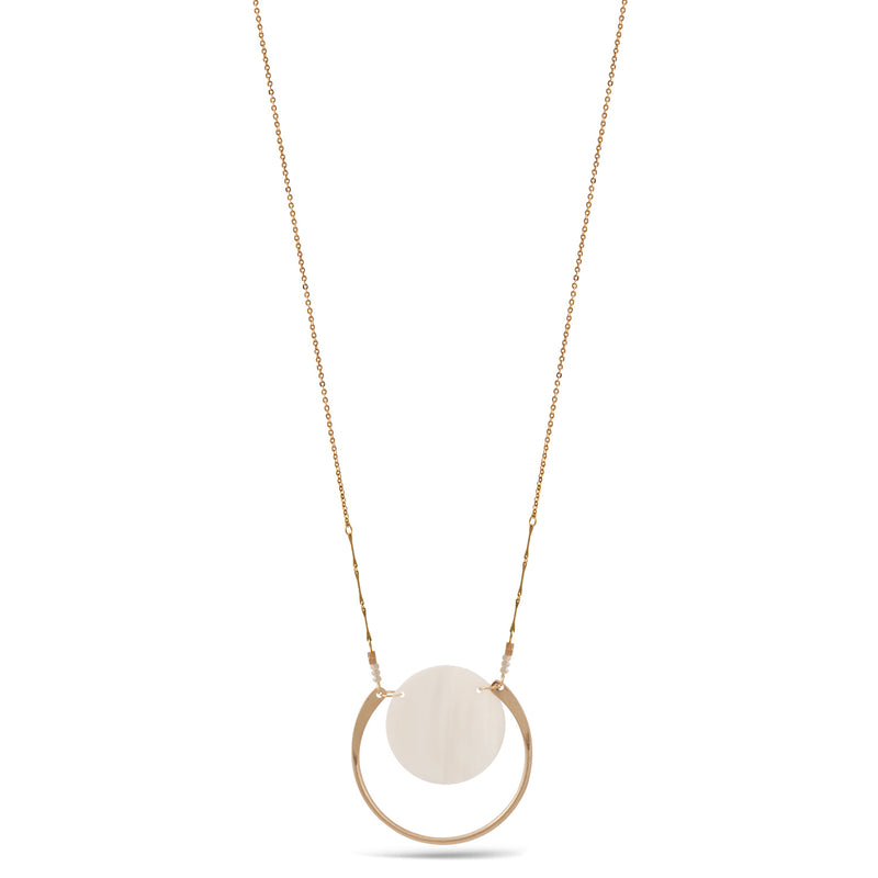 Gold Mother Of Pearl Round Pendant Adjustable Length Chain Long Necklace