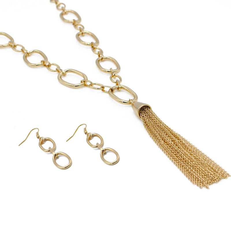 GOLD RECTANGLE LINK CHAIN TASSEL NECKLACE AND EARRING SET