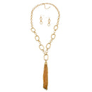 GOLD RECTANGLE LINK CHAIN TASSEL NECKLACE AND EARRING SET