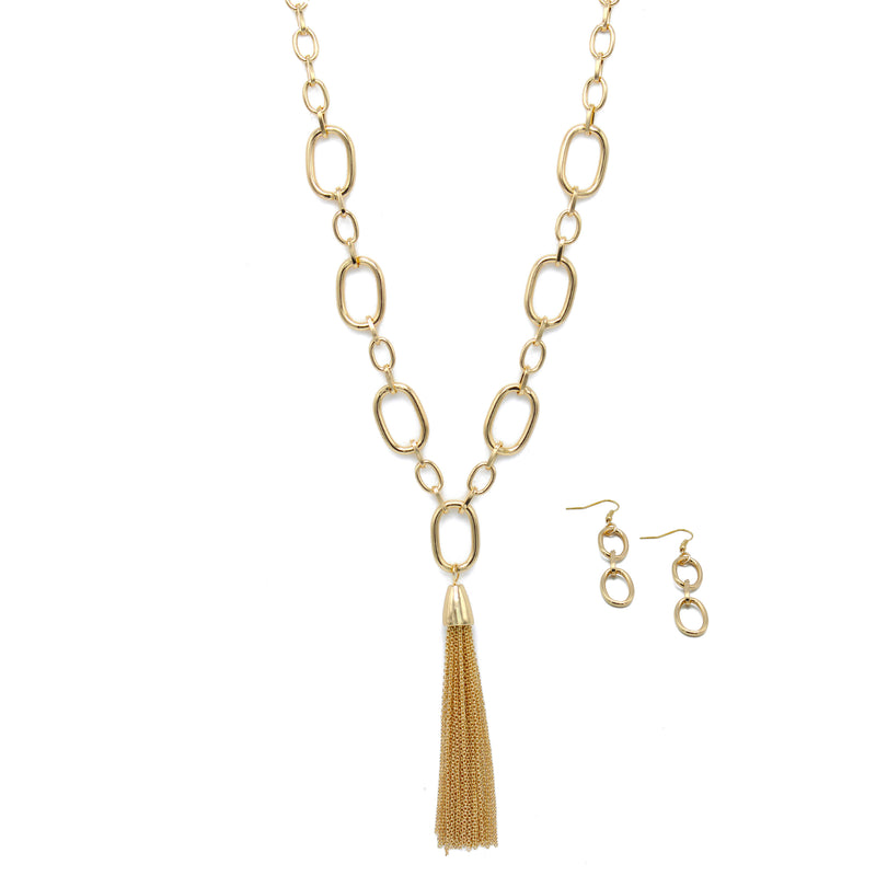 GOLD RECTANGLE LINK CHAIN TASSEL NECKLACE AND EARRING SET