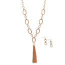 ROSE GOLD RECTANGLE LINK CHAIN TASSEL NECKLACE AND EARRING SET