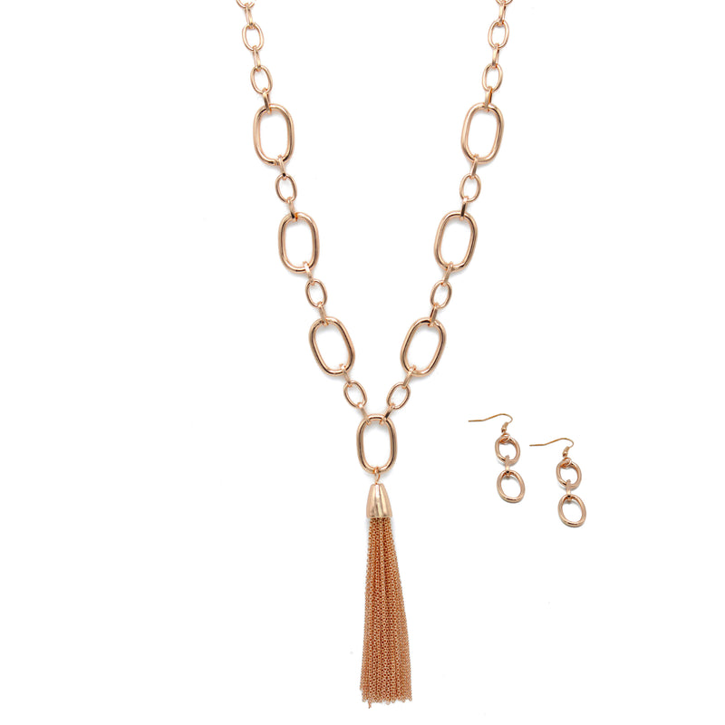 ROSE GOLD RECTANGLE LINK CHAIN TASSEL NECKLACE AND EARRING SET