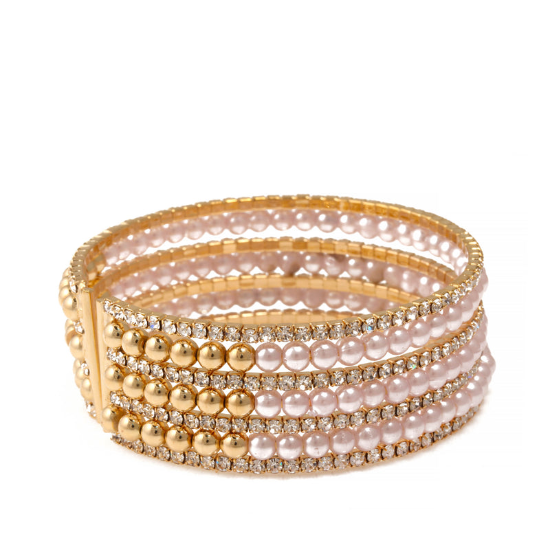GOLD CRYSTAL AND PEARL COIL MEMORY WIRE BRACELET SWY-18163G (KNC3)