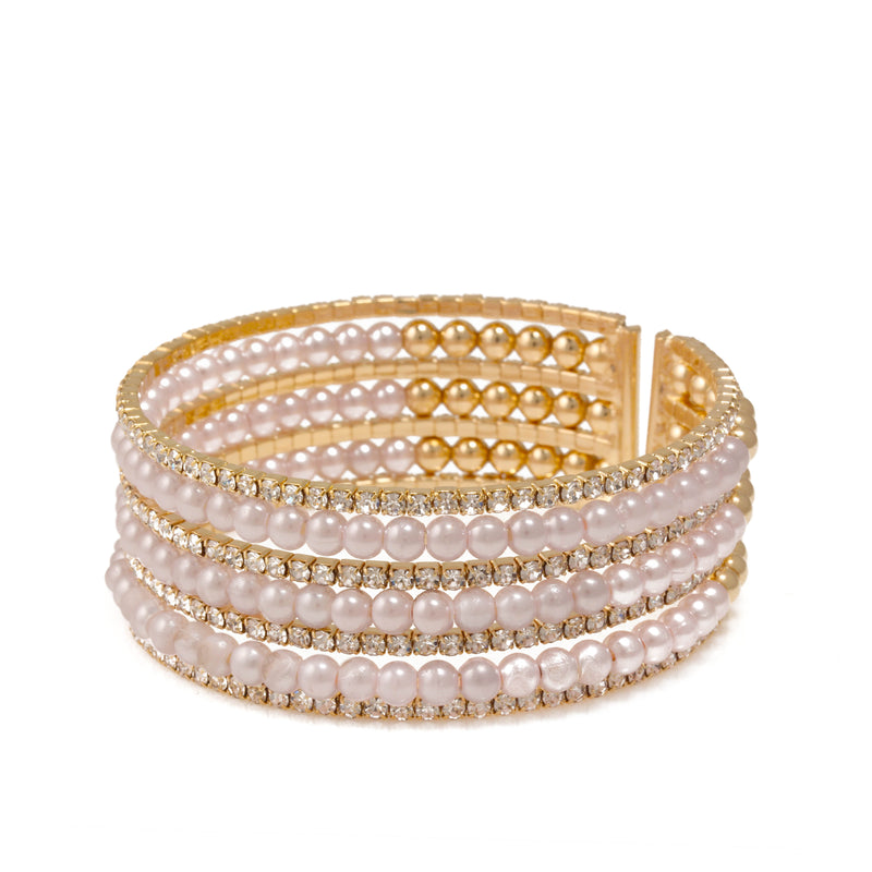 GOLD CRYSTAL AND PEARL COIL MEMORY WIRE BRACELET SWY-18163G (KNC3)