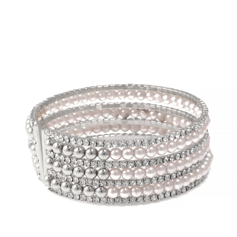 SILVER CRYSTAL AND PEARL COIL MEMORY WIRE BRACELET SWY-18163S (KNC3)