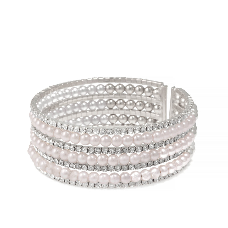 SILVER CRYSTAL AND PEARL COIL MEMORY WIRE BRACELET SWY-18163S (KNC3)