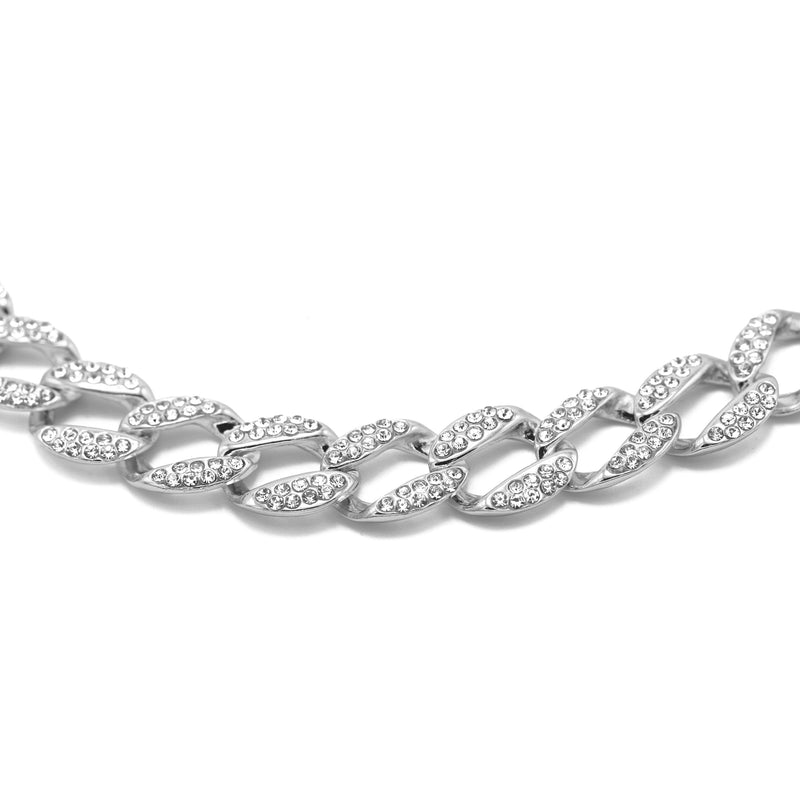 SILVER PAVE CRYSTAL FLAT CURB CHAIN  STATEMENT NECKLACE