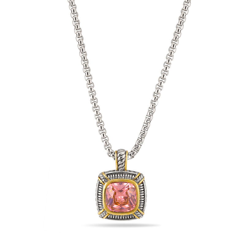 TWO TONE ROSE CRYSTAL SQUARE PENDANT BOX CHAIN NECKLACE