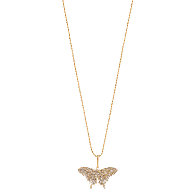GOLD CRYSTAL BUTTERFLY PENDANT LONG CHAIN NECKLACE