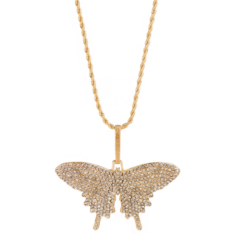 GOLD CRYSTAL BUTTERFLY PENDANT LONG CHAIN NECKLACE
