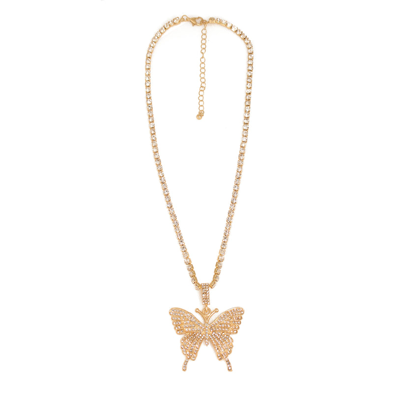 GOLD BUTTERFLY PENDANT PAVE CRYSTAL CHAIN NECKLACE