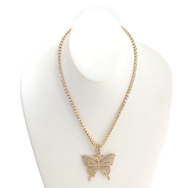 GOLD BUTTERFLY PENDANT PAVE CRYSTAL CHAIN NECKLACE