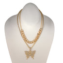 GOLD BUTTERFLY PENDANT PAVE CRYSTAL AND CURB CHAIN  NECKLACE