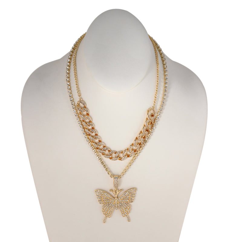 GOLD BUTTERFLY PENDANT PAVE CRYSTAL AND CURB CHAIN  NECKLACE
