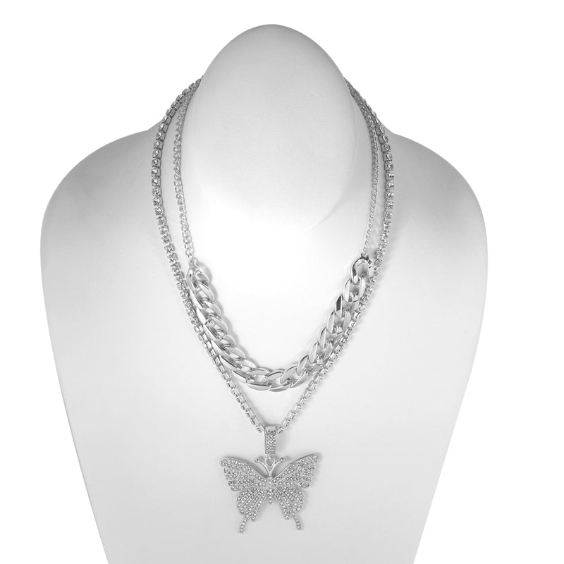 SILVER BUTTERFLY PENDANT PAVE CRYSTAL AND CURB CHAIN  NECKLACE
