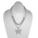 SILVER BUTTERFLY PENDANT PAVE CRYSTAL AND CURB CHAIN  NECKLACE