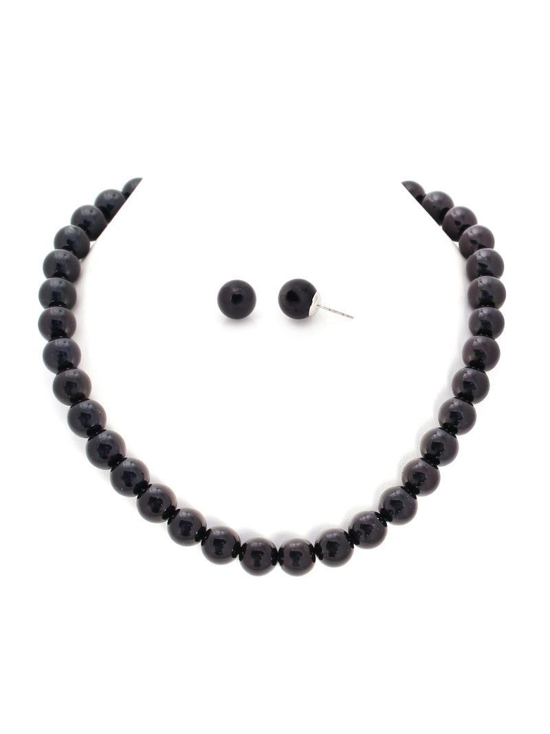Black Glass Pearl Necklace and Stud Earrings Set