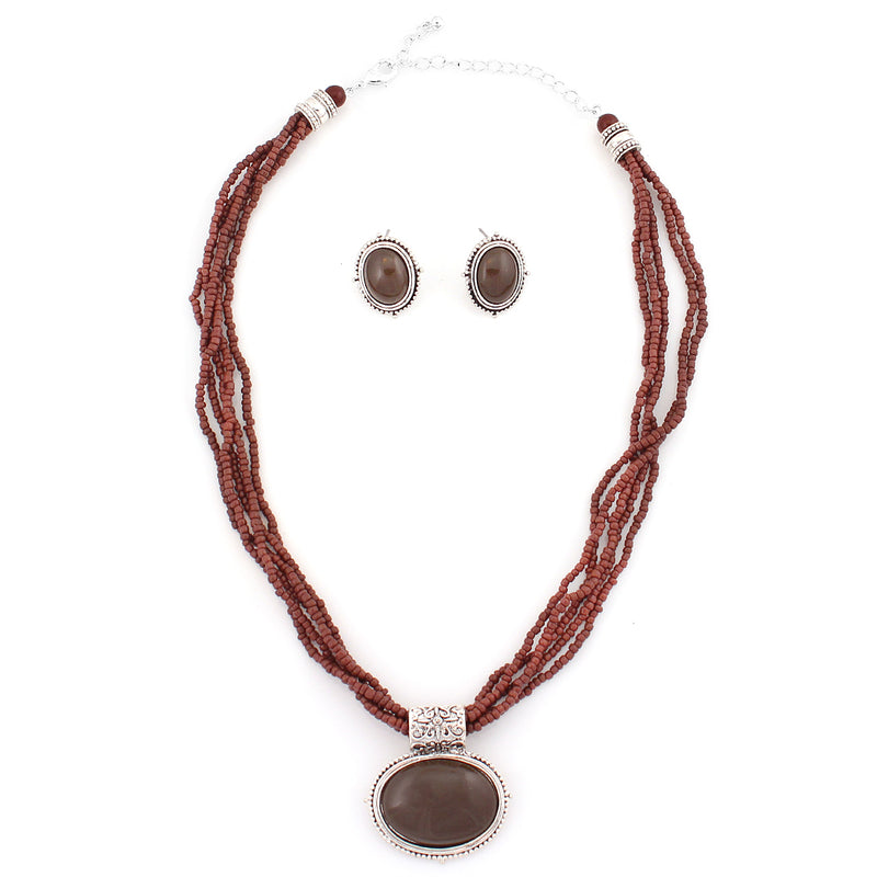 Silver Plated Brown Seed Bead Pendant Necklace  Earring Set
