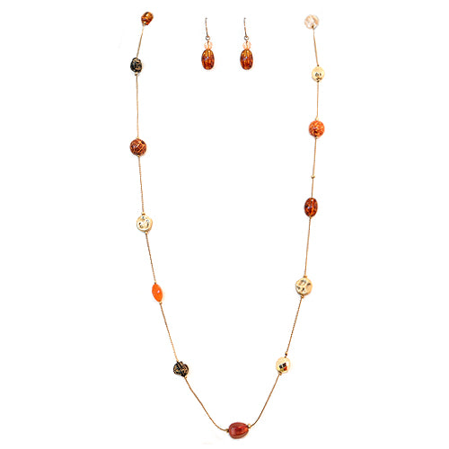 Brown Mixed Glass Bead Gold Long Necklace and Earrings Set