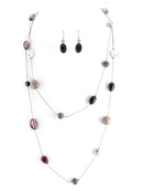 Black Mixed Glass Bead Silver Long Necklace and Earrings Set