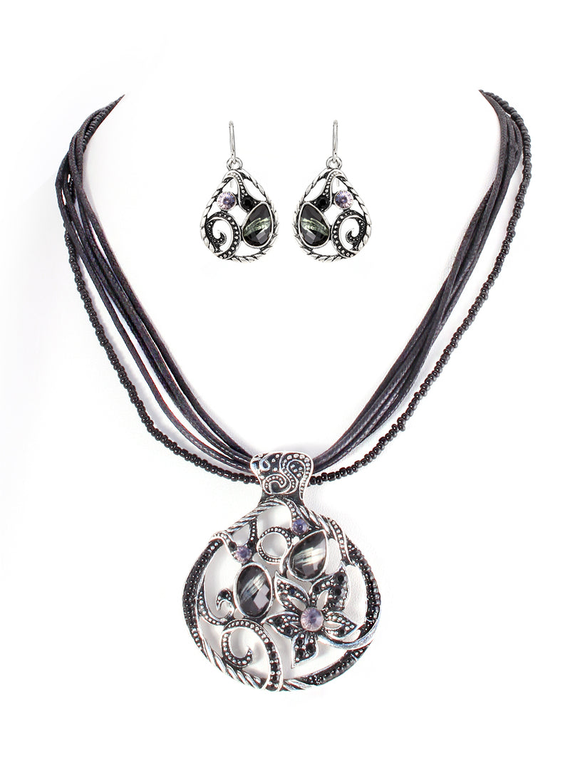 Flower Design Round Pendant with Black Seed Beaded and Cotton Cord Necklace and Earrings Set