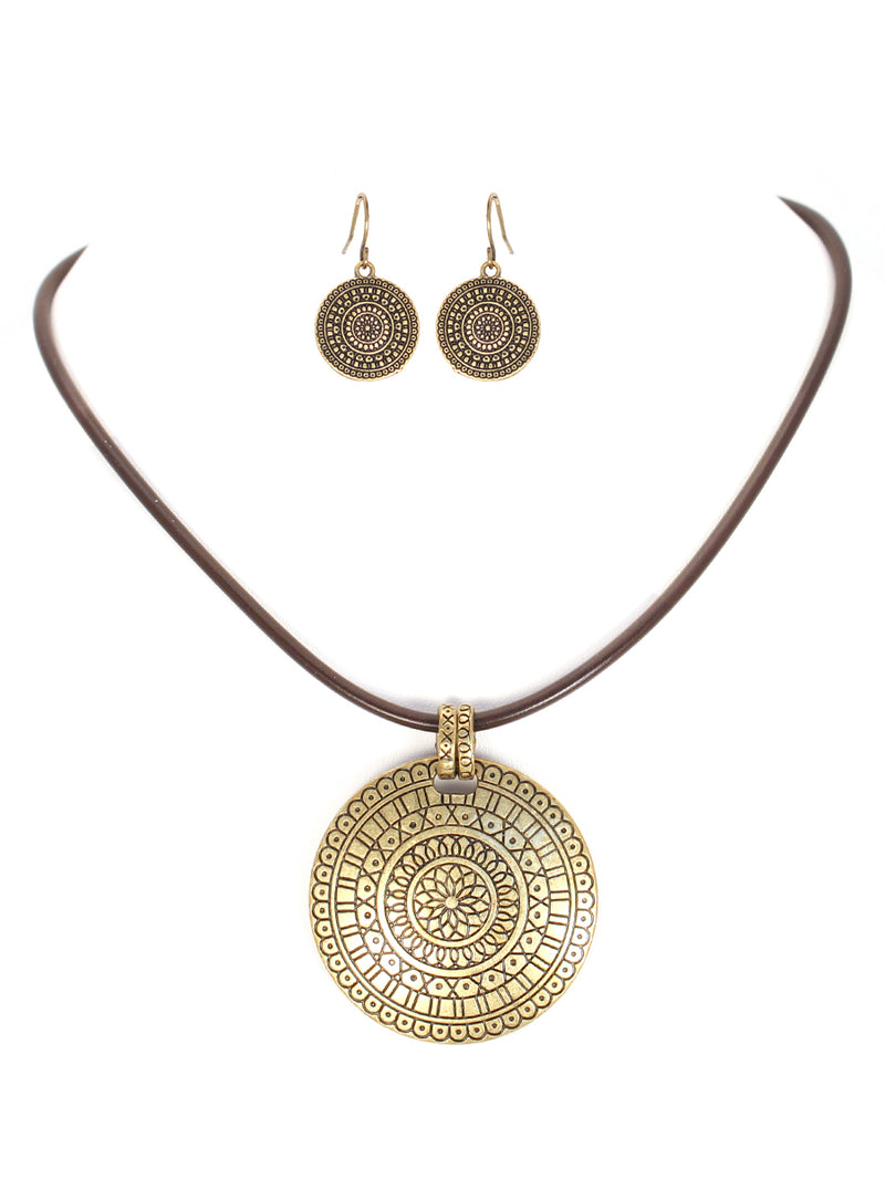 Oriental Design Gold Pendant with Brown Leaterh Cord Necklace and Earrings Set