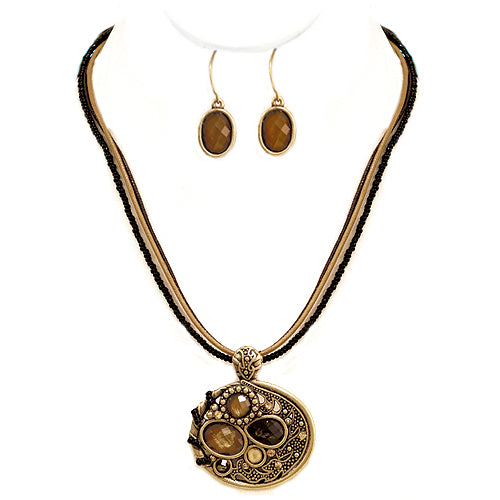 Fabulous Design Brown Stone with Gold Oval Shape Pendant with Waxed Cotton Cord Necklace and Earrings Set