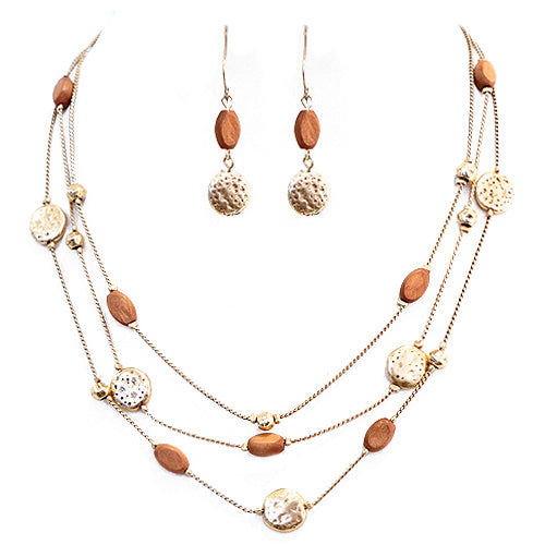 Hammered Gold Bead with Wood Necklace and Earrings Set